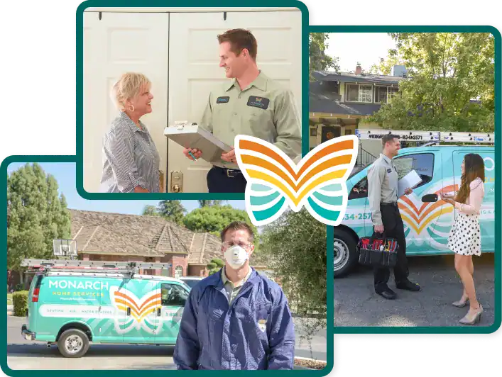 Three images show Monarch Home Services employees interacting with customers and a branded service van, with the Monarch butterfly logo in the center.