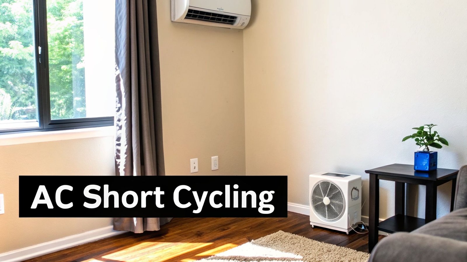 Interior room with a wall-mounted AC unit, window, and portable fan. Text: 'AC Short Cycling'.