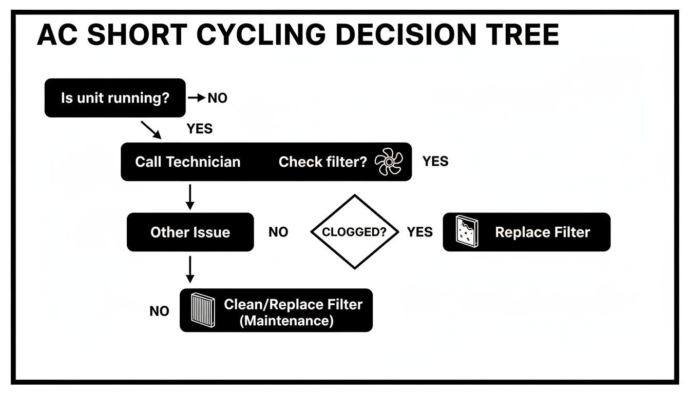 AC short cycling decision tree helps identify issues like clogged filters and when to call a technician.