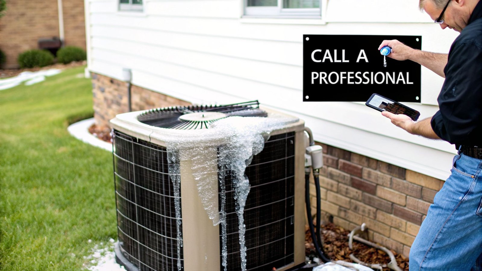 A frozen air conditioner unit with ice, a man holding a phone and a tool, and a 'Call a Professional' sign.