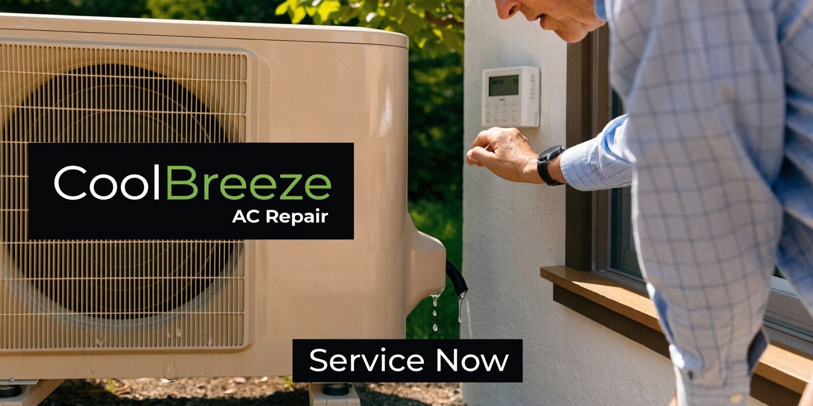 A professional technician inspecting an air conditioning unit leaking water outside a residential building.
