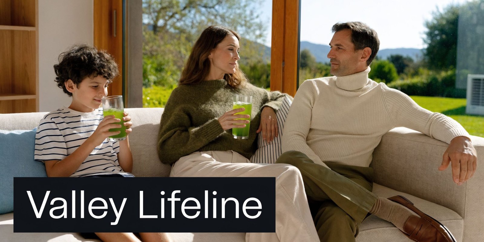 A family consisting of a mother, father, and son sitting on a couch drinking healthy green juice.