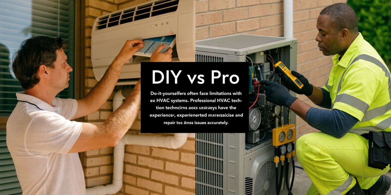 A split comparison between a homeowner cleaning an indoor air conditioner and a professional HVAC technician servicing an outdoor unit.