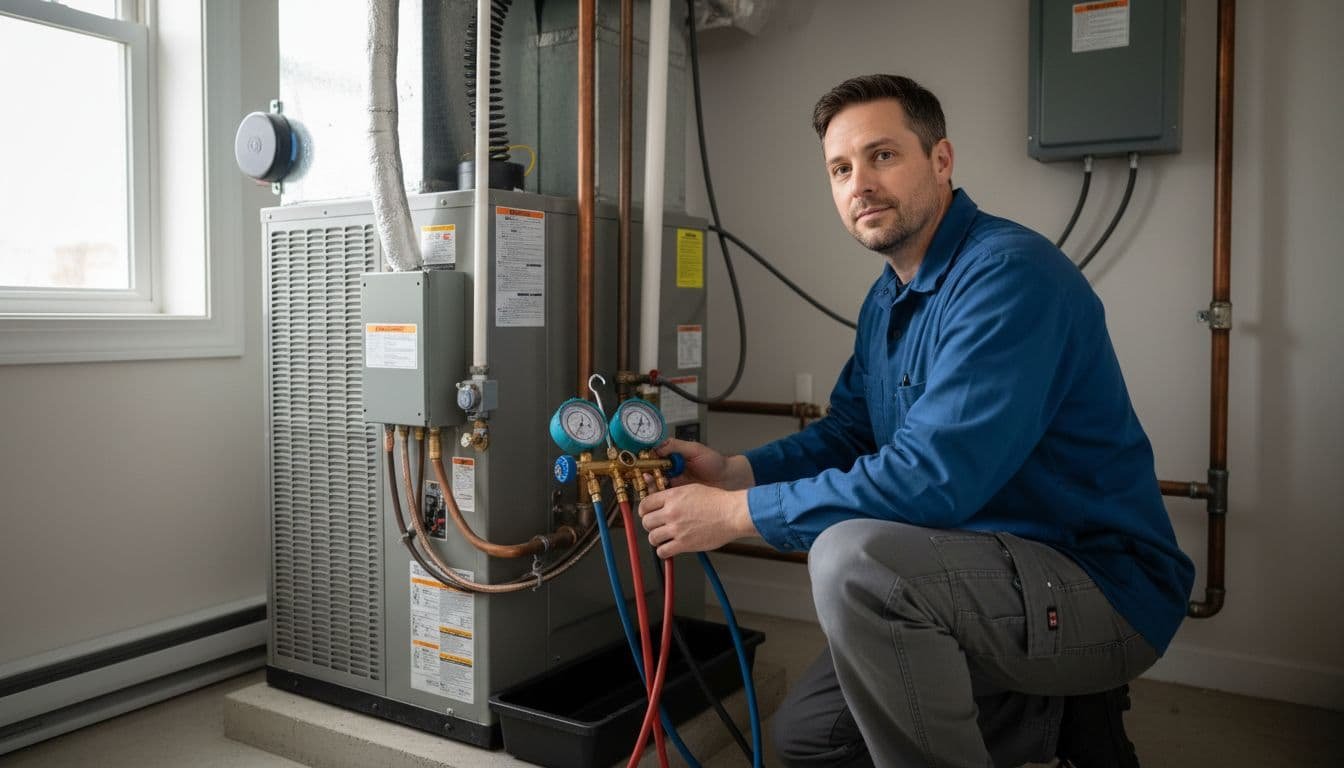 Realistic iPhone photo of HVAC technician connecting gauges to service ports on residential AC system in home mechanical room to check refrigerant levels.