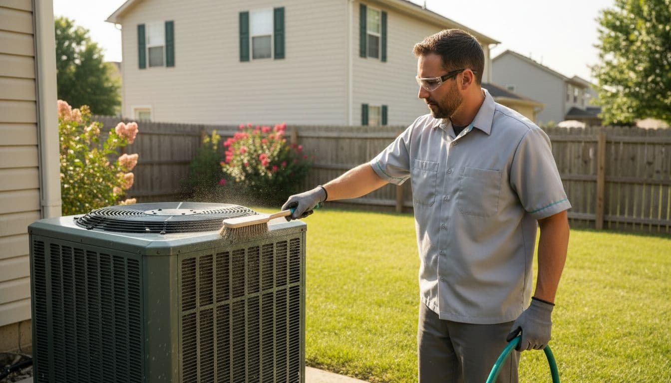 Realistic iPhone photo of a single HVAC technician gently brushing dirty condenser coils on an outdoor residential AC unit in a sunny suburban backyard, holding a hose relaxedly.