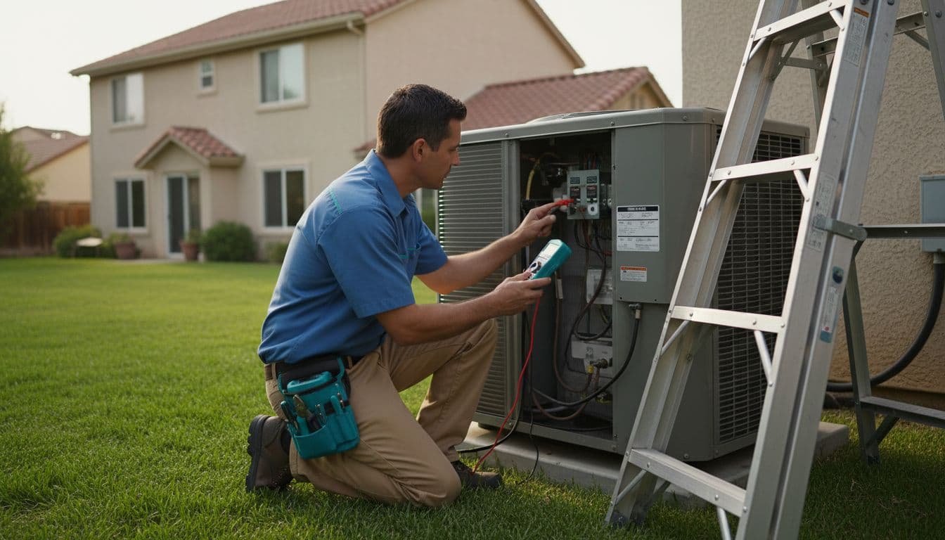 Realistic photo of a single HVAC technician inspecting a residential outdoor air conditioning condenser unit with a multimeter next to a suburban house in Central California, ladder propped nearby, green lawn and stucco home in soft afternoon sunlight.