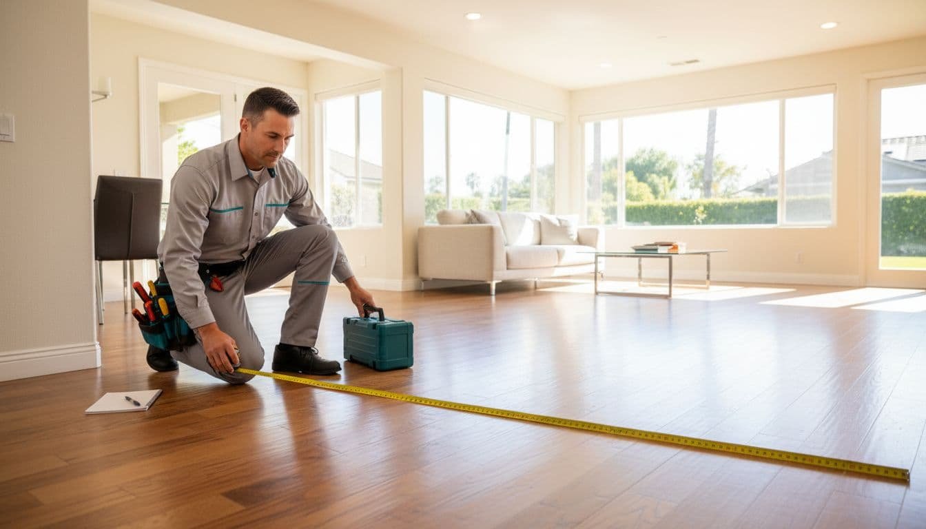 Realistic photo of an HVAC technician kneeling in a bright suburban living room, extending a tape measure across the hardwood floor to measure square footage for proper AC sizing, with natural California sunlight from large windows.