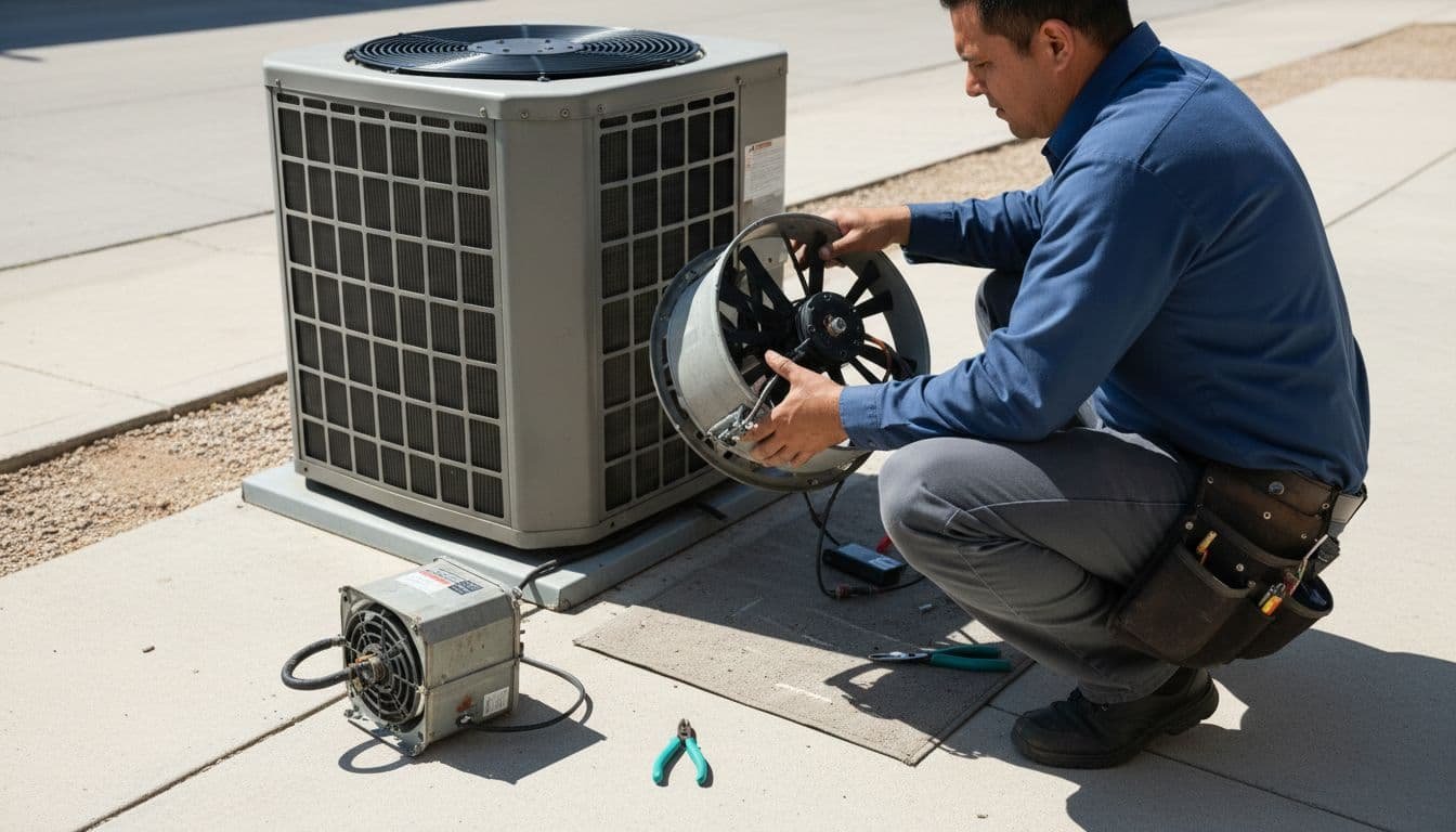 Realistic iPhone photo of an HVAC technician in uniform at a Bakersfield residential home, replacing the fan motor on an outdoor air conditioning condenser unit in the driveway, with the new motor wired and old one aside under sunny afternoon light.