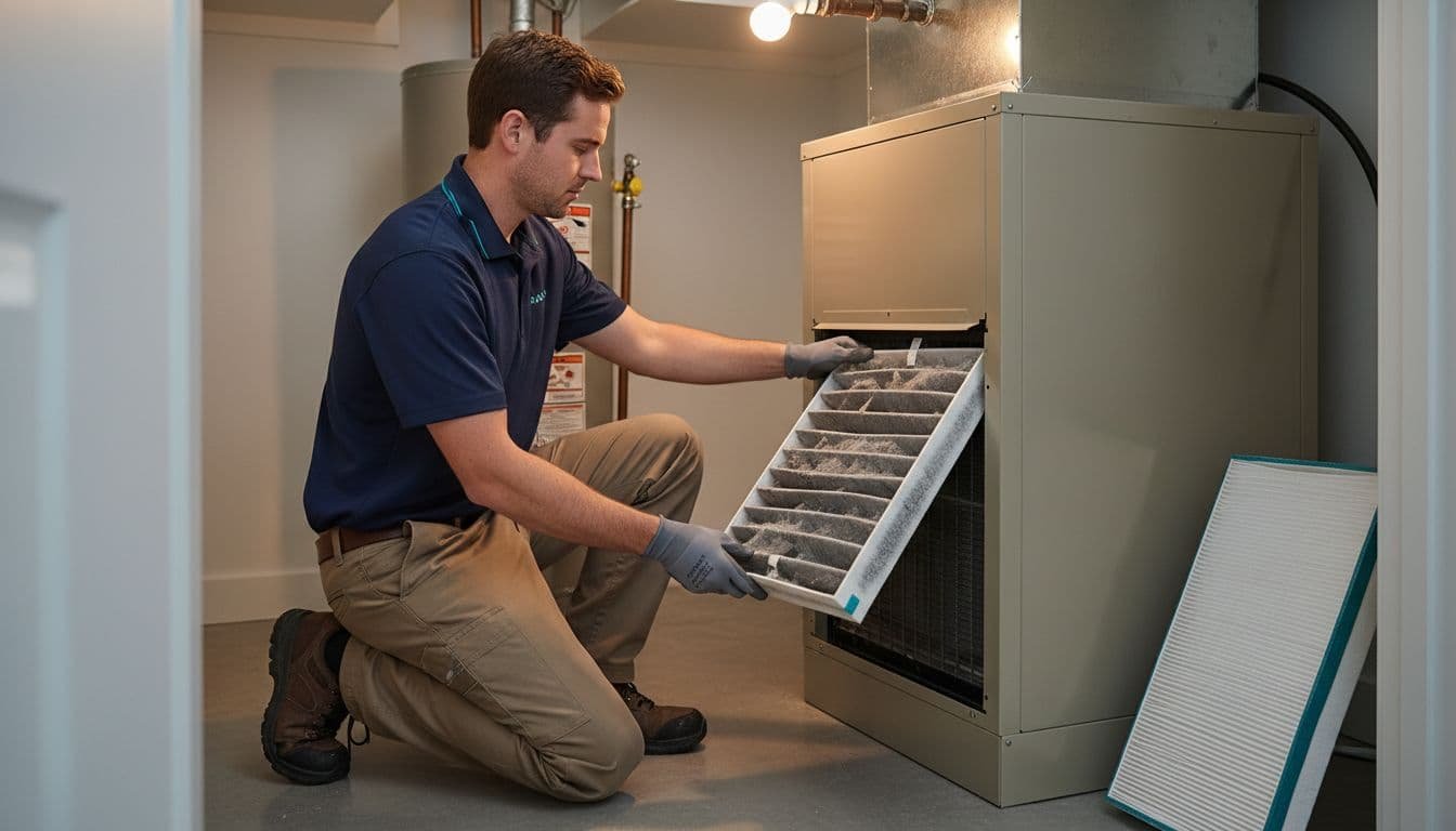 Realistic iPhone photo of an HVAC technician kneeling in a home utility closet, pulling out a dirty air filter from a residential air handler unit.