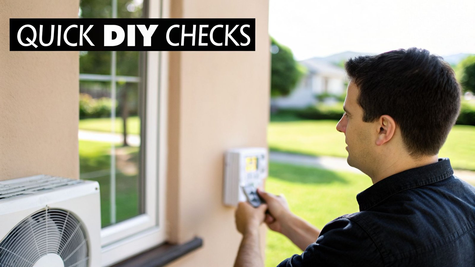 A man performs a quick DIY check on an outdoor AC unit using a remote control.