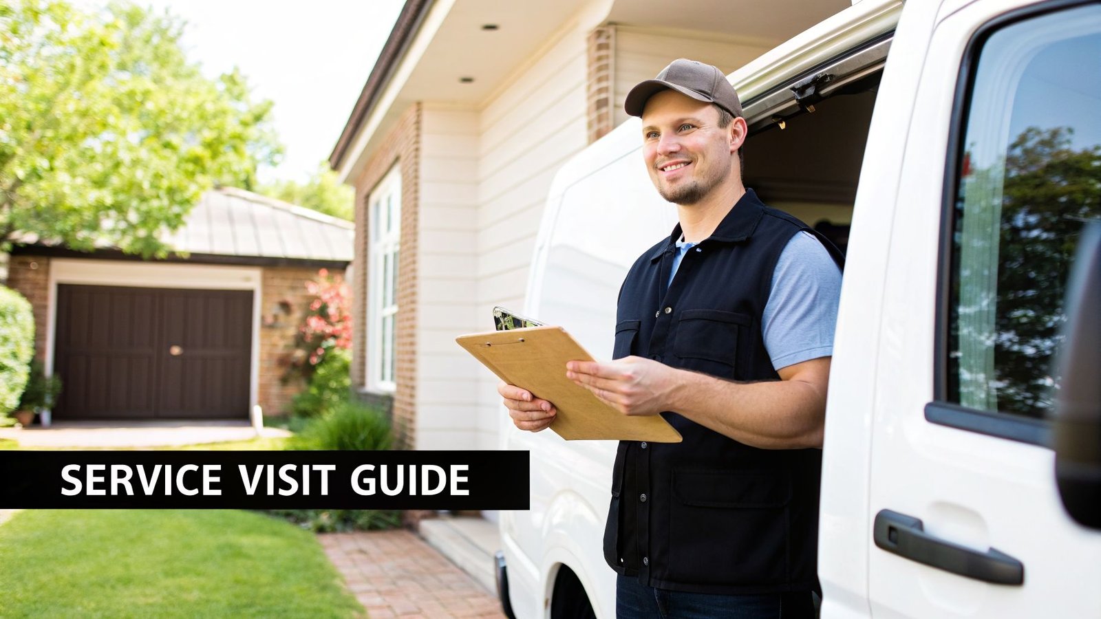 A friendly service technician holding a clipboard stands smiling beside his white service van.