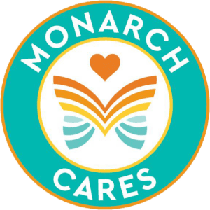 A circular logo with “Monarch Cares” text, a butterfly design in the center, and a heart shape above the butterfly, perfectly reflecting our about us values of compassion and community.