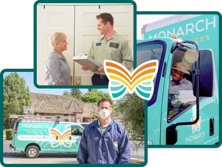 Three images show Monarch Home Services employees: one speaking with a customer, one driving a branded truck, and one wearing a mask outdoors. The Monarch logo is displayed in the center.