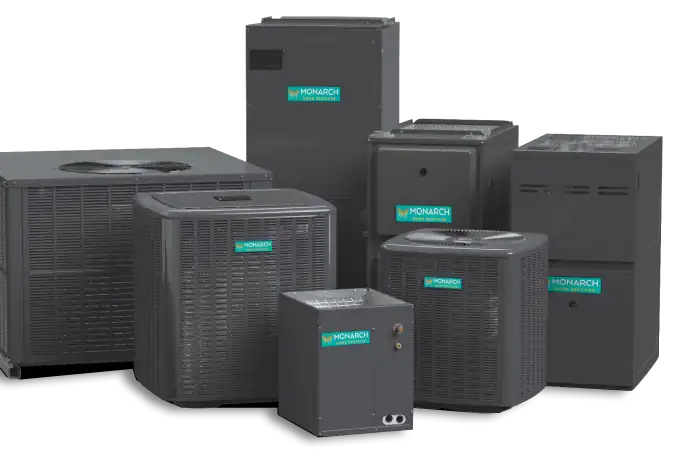 Six different Monarch branded HVAC units of varying sizes are arranged together against a plain background.